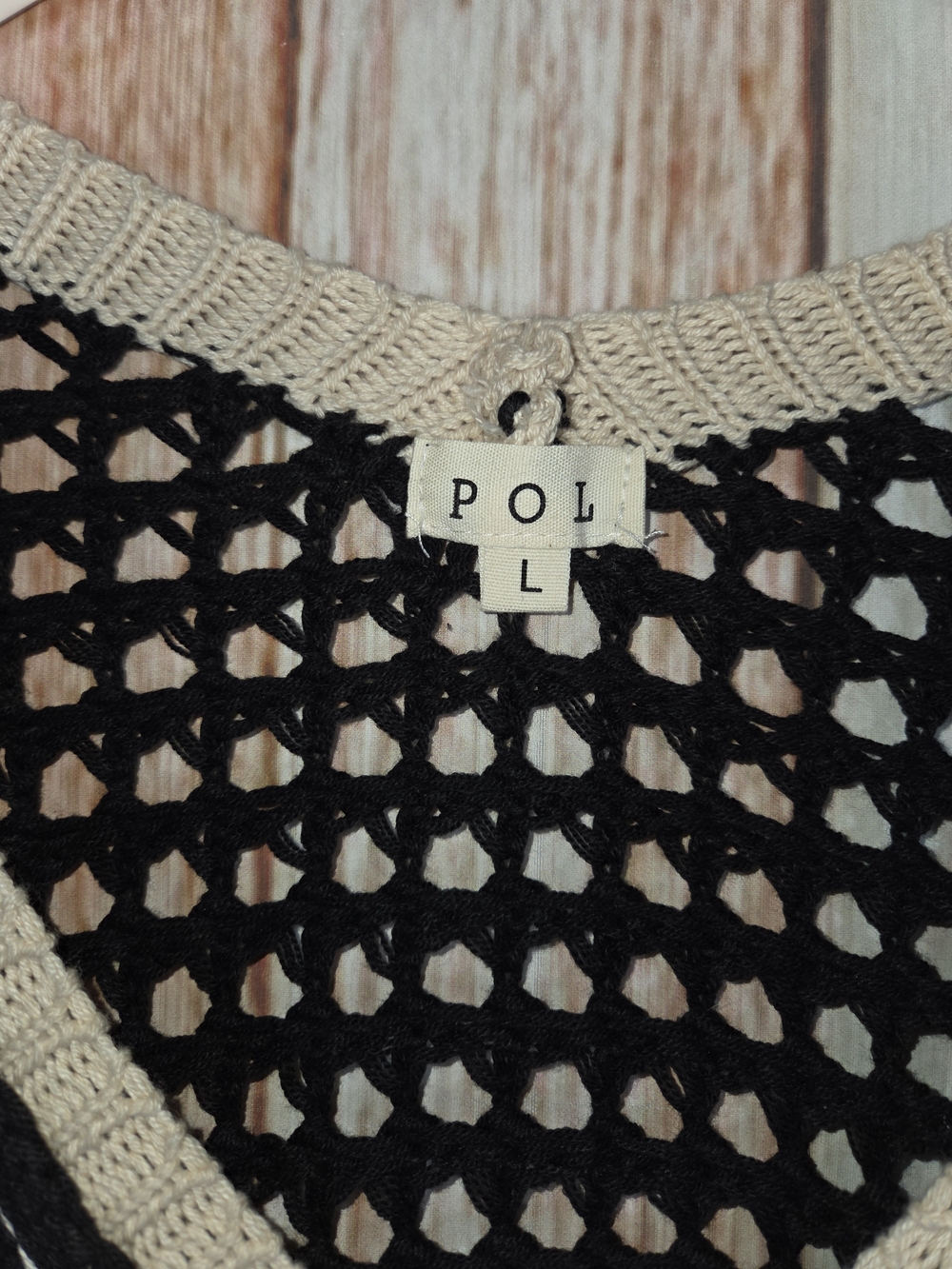 POL Black Crochet V-Neck Sweater with Cream Peace Sign. Size Large - Picture 4 of 5